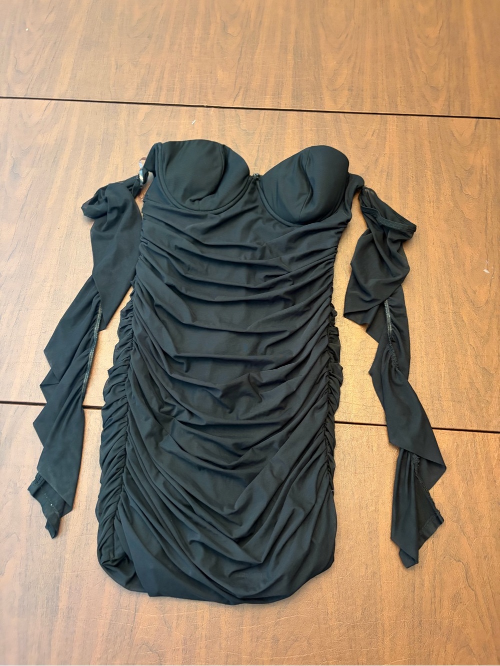 Oh Polly Black Strapless Ruched Dress with Detachable Sleeves
